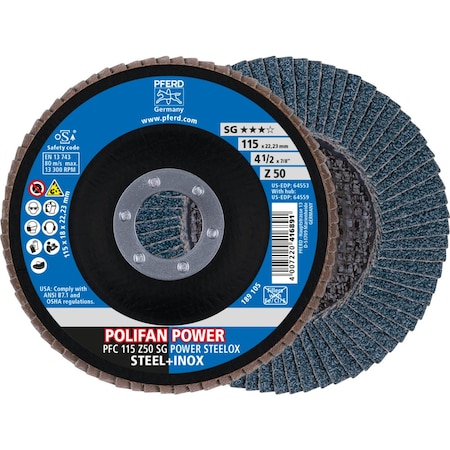 Pferd Flap Disc, 4-1/2''x7/8, Z SG POWER STEELOX, 50 Grit, T29, Conical, Zirconia 64553